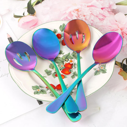 4 Pieces Colorful Serving Spoons Set, 2 Large Serving Spoons and 2 Slotted Spoons, Rainbow Stainless Steel Utensils