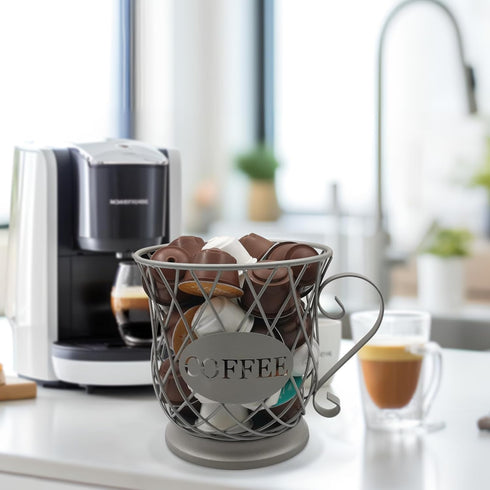 Coffee Pods Storage Basket - Silver Holder for 35 K Cup Organizer, Coffee Basket Decor for Coffee Bar Countertop