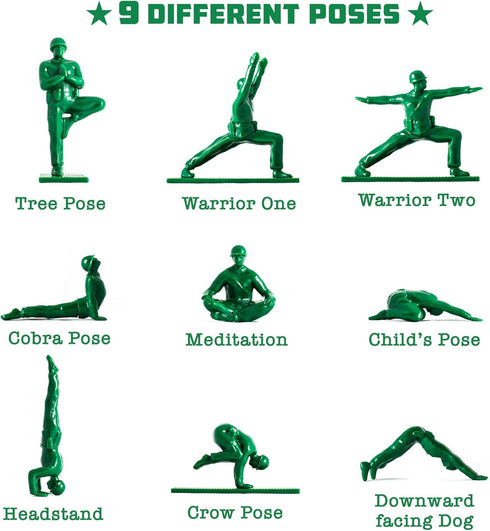Yoga Joes Series 1 Green Toy Soldiers, Set of 9 Army Men Yoga Pose Figurines for Home or Office Decor
