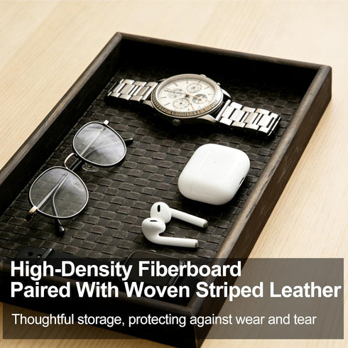 2 Pack Set Dark Walnut Finish Wooden Valet Tray with Black Woven Faux Leather Base, MDF Construction, Nightstand