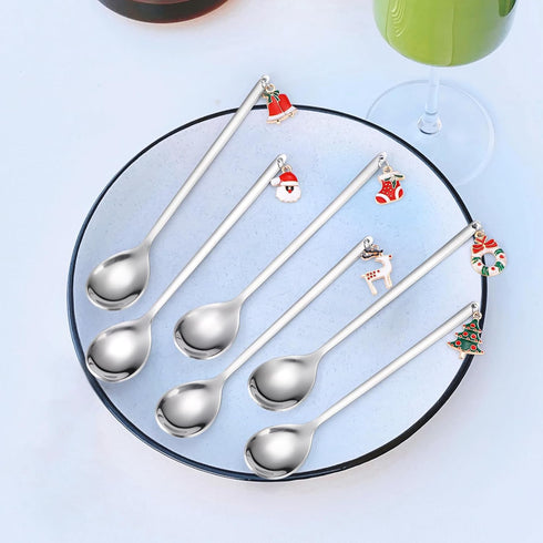 Christmas Silver Dessert Spoons, 6 Pieces Small Stainless Steel Flatware with Decorative Pendants for Coffee and Tea