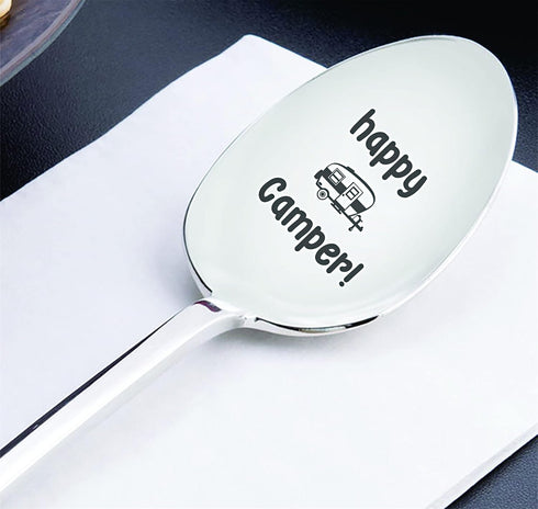 THE BASH AFFAIR Happy Camper Engraved Spoon Gift for Friend, 7 Inch Stainless Steel for Camping