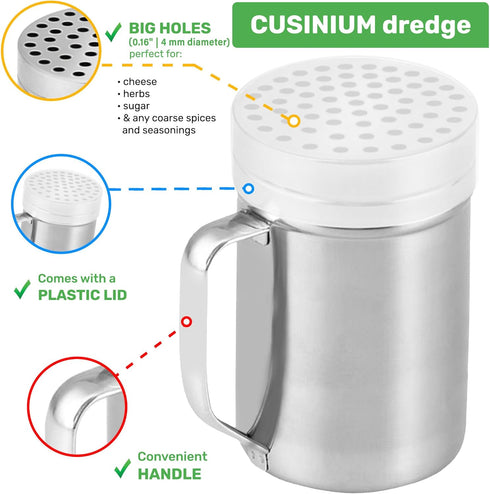 14oz CUSINIUM Metal Parmesan Cheese Shaker with Large Holes - With Handle - Chili Flakes Dispensers - Pizza Shaker |