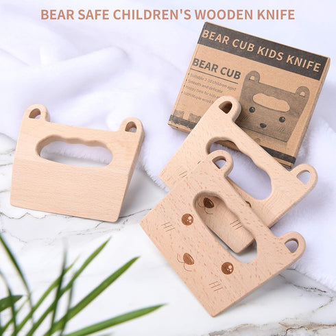 Wooden Kids Knife for Cooking, Cute Bear Shape Safe Kitchen Tool for Kids, Cutting Veggies Fruits