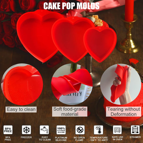 3 Pcs Silicone Cake Molds, Heart Shaped Cake Pans for Baking Homemade Dining, 8 In, 6 In, 4 In