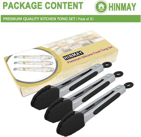 Small Serving Tongs with Silicone Tips, 7 Inch Mini Stainless Steel Food Tongs, Set of 3 (Black)