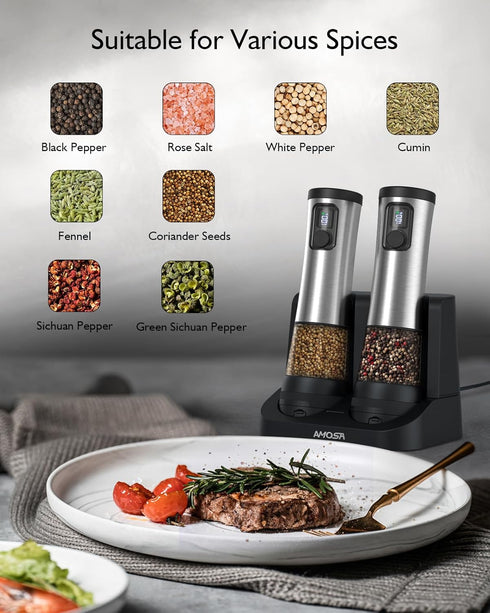 Set, 2-Speed Setting, 5 Electric Salt and Pepper Grinder Upgraded External Adjustable Coarseness, Battery Display