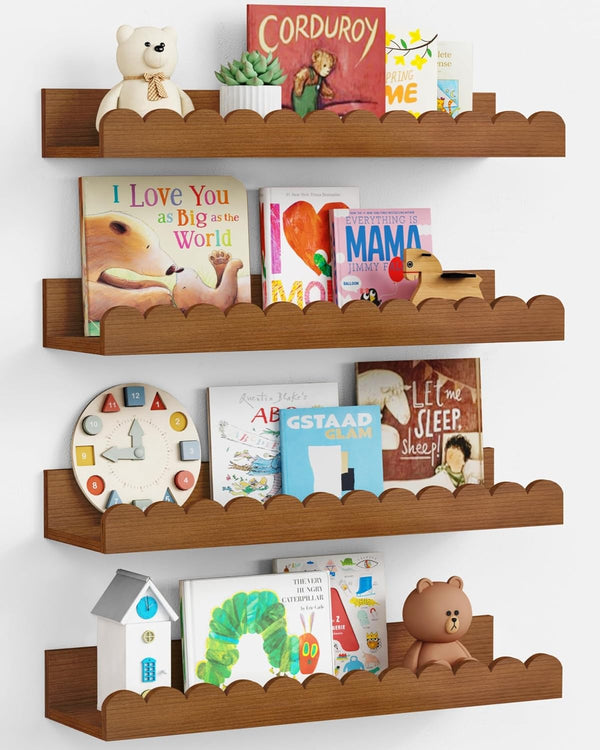 Harwaya Walnut Nursery Book Shelves Wall Set of 4, Dark Wood Scalloped
