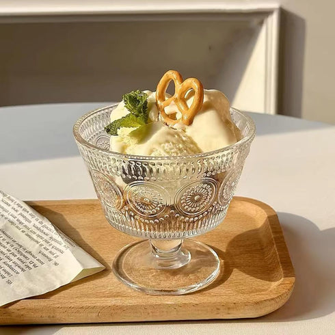 Set 12, 9oz (12PCS), a-1037 Vintage Glass Dessert Bowls, of Glass Ice Cream Sundae Cups with Vintage Sunflower Pattern