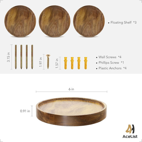 3-Pack 6'' AceList Round Floating Shelves for Wall Decor, Diameter Acacia Wood Floating Shelf, Cup Plant Wall Shelves
