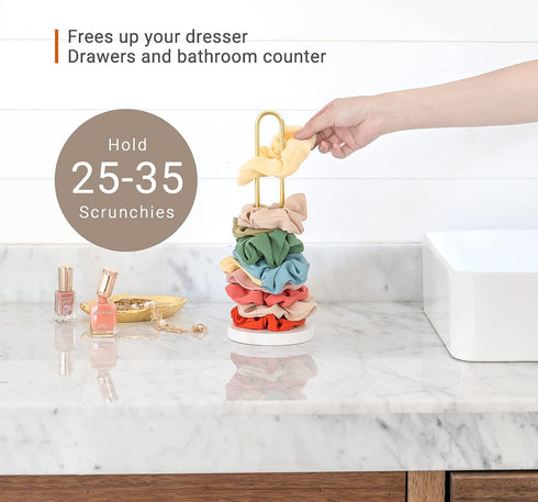 Mkono Scrunchies Holder Stand, Gold White Metal Organizer for Hair Accessories, Holds 25 - 35 Scrunchies, Modern