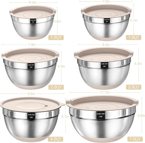 Mixing Bowls Set with Airtight Lids, 26PCS Stainless Steel Khaki Bowls with Grater Attachments, Non-Slip Bottoms