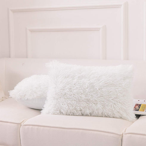 NordECO HOME Luxury Soft Faux Fur Fleece Cushion Cover - 12" x 20" Inch, White, 2 Pack (No Pillow Insert)
