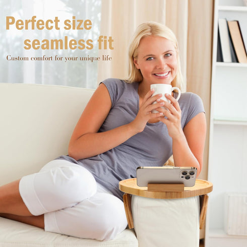 360 Couch Arm Tray Table, Bamboo Clip-on Couch Arm Tray with Phone Holder, Foldable Sofa Armrest Table for Eating