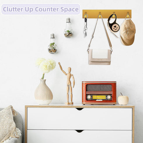 VIS'V Wall Mount Key Holder, Large Self Adhesive Metal Key Rail with 4 Hooks, Keychain Holder Gold