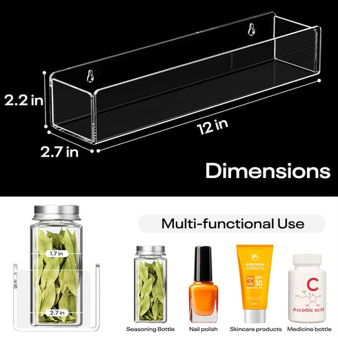 2 Pack, 12 Inch Wall Mounted Acrylic Spice Rack Clear Pantry Door Organizer, Floating Spice Organizer, Adhesive