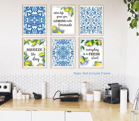 XUOIAYNB Blue Flower Pattern Lemon Art Print, Mexican Tile Lemon Fruit with Inspirational Quote Canvas Wall Art