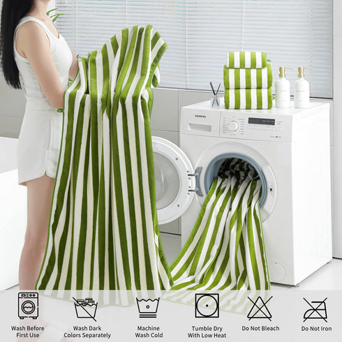 18 Set Loop-6 Towels,6 Towels,6 Set Pcs Green Stripe Bath Towel with Hanging Bath Hand Washcloths Soft Family Towels