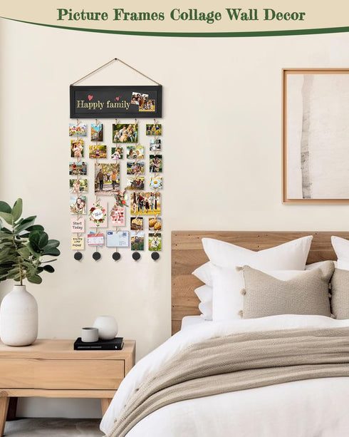Bikoney Collage Picture Frames Wall Decor, Rustic Photo Hanging Display Board with Blackboard and 30 Clips for Home