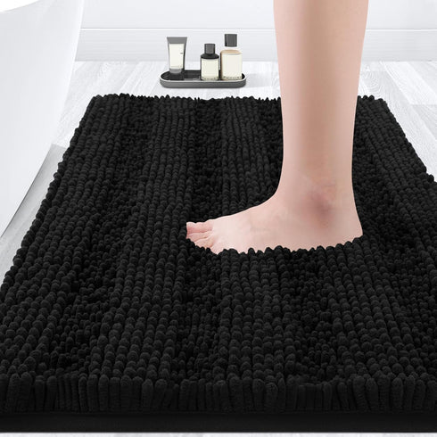 Striped Black Bathroom Rug Mat 17"x24", Ultra Soft Non Slip Chenille Bath Rugs for Bathroom Bedroom Kitchen Shower
