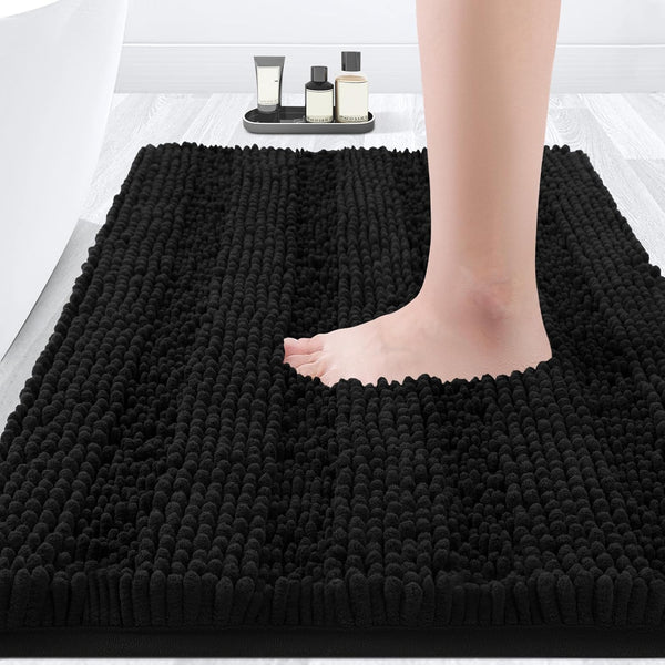 Striped Black Bathroom Rug Mat 17"x24", Ultra Soft Non Slip Chenille Bath Rugs for Bathroom Bedroom Kitchen Shower