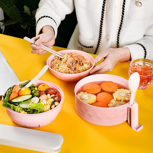Microwave Ramen Bowl, Cooker with Lid, Plastic Mixing Salad Pasta Fruit Rice Cereal Instant Noodles Soup Maker Set