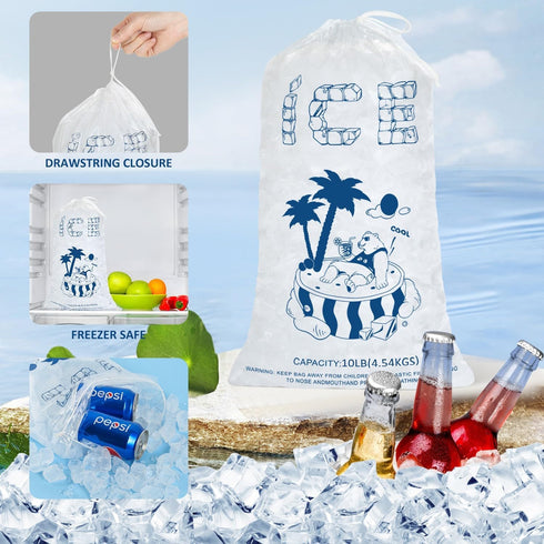Ice Bags 10 Lb. with Drawstring, 50 Pack Heavy-Duty Reusable Ice Cube Bags, 21 x 12 inch Portable Storage