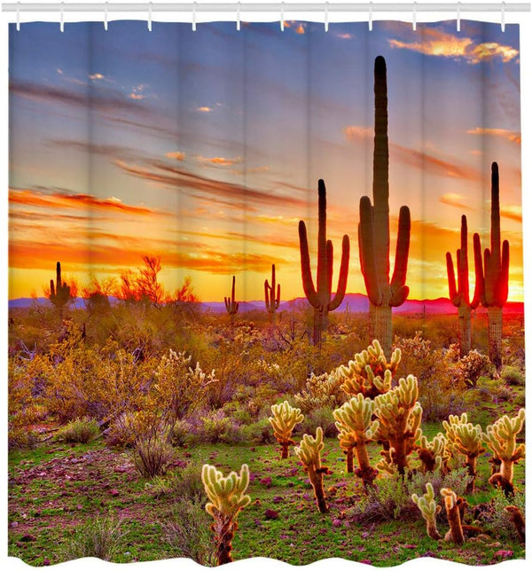 LUKUY Saguaro Shower Curtain, Arizona Desert Landscape with Cactus Mountain Sunset, Cloth Fabric Bathroom Decor Set