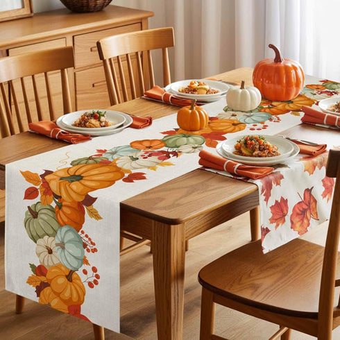 LooPoP 36 Inches Autumn Maple Leaves Harvest Pumpkin Table Runners Long Washable Thanksgiving Table Runner for Round