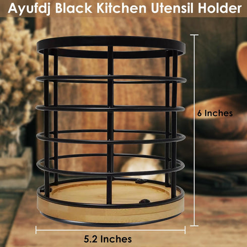Black Kitchen Utensil Holder, 360° Rotating Caddy for Countertop, 5.2" x 6" Large Cylinder Spatula Holder