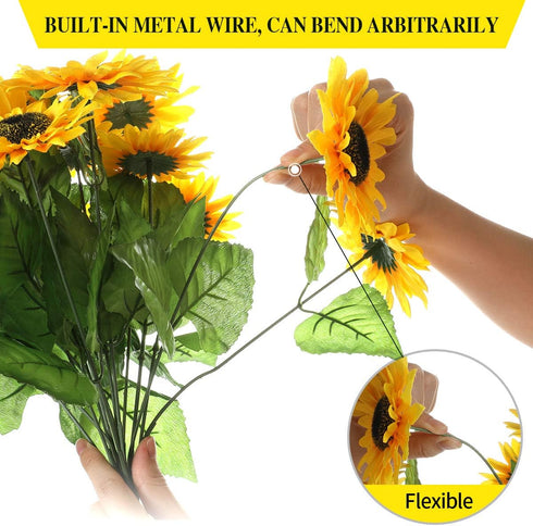 DerBlue 15.74'' Artificial Sunflowers Bouquet with 14 Heads and 40 Leaves - Fake Silk Flowers for Home Office Decor