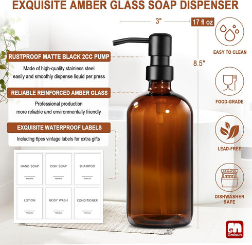 GMISUN Amber Glass Soap Dispenser - 2 Pack Bathroom Hand Soap Dispensers with Stainless Steel Pump, 17 Fl Oz