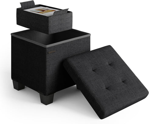 STORAGEBUD Storage Ottoman Cube with Small Bin, 15-in Square Ottoman with Storage for