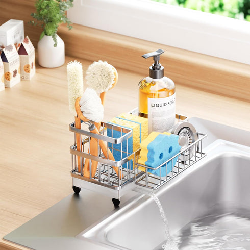 Countertop Consumest Sponge Holder for Kitchen Sink - Auto Draining Sink Caddy Organizer with Detachable Rack, High