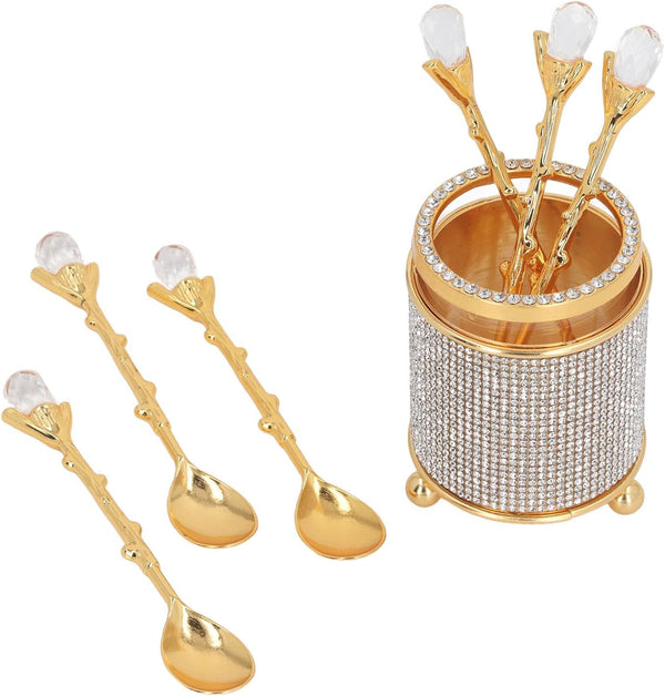 Coffee Spoons Set with Holder, Long Handle Dessert Spoons, Gold Glass Jar with 6 Metal Flatware Spoons