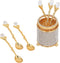 Coffee Spoons Set with Holder, Long Handle Dessert Spoons, Gold Glass Jar with 6 Metal Flatware Spoons