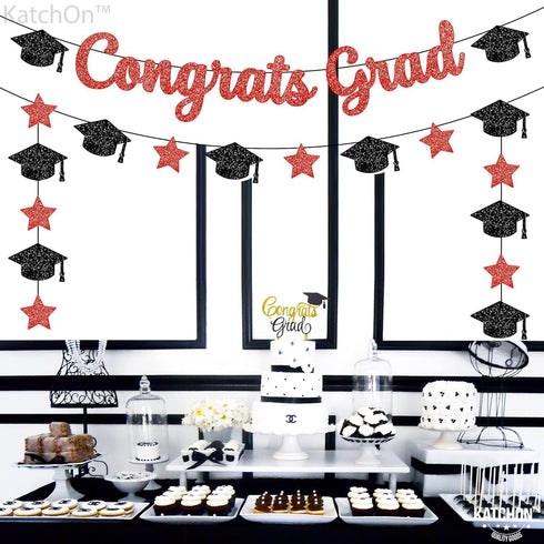 KatchOn Glitter Congrats Grad Banner, Red and Black - 10 Feet Graduation Banner, Grad Cap Garland for Class of 2025