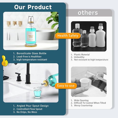 BTIFU Countertop 14oz/410ml Glass Mouthwash Dispenser for Bathroom Refillable Mouthwash Bottle with Stainless Steel