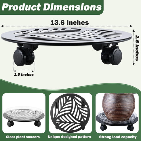 1 Packs 13.6" Large Metal Plant Caddy with PU Wheels Heavy-Duty Wrought Iron Rolling Plant Stands Indoor Outdoor