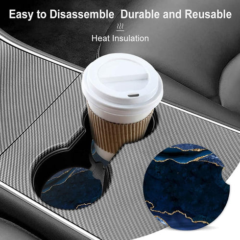 Ceramic Car Coasters for Women/Men, Absorbent Drink Cup Holders with Finger Notch, 2.56" Pack of 2, Blue Marble Gold