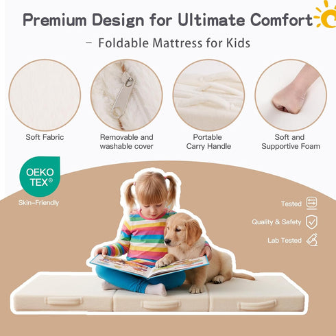 Tiita Kids Floor Mattress - Toddler Trifold Futon Mattress, Portable Foldable Play Mat for Naps and Playtime, Plush