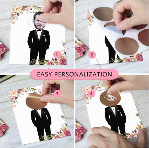 Floral Bridal Shower Games - Who Has The Groom Scratch Off Cards for 48 Guests, Rose Gold White