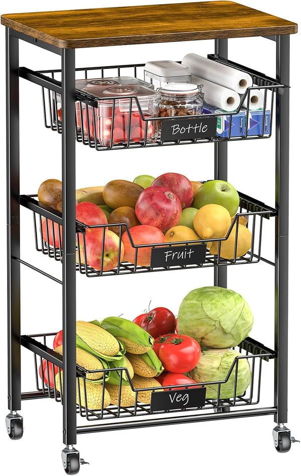 Kitchen Storage Cart with Wheels - 4-Tier Metal Utility Rolling Cart with Wood Top & Pull Out Baskets