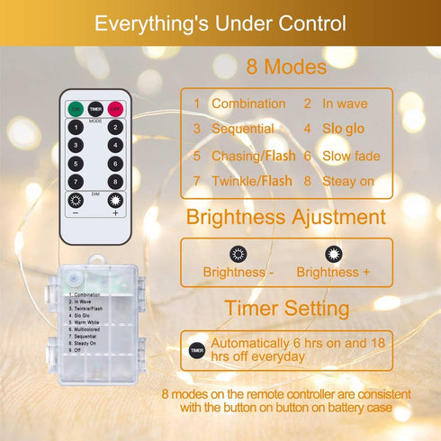 Metaku 2 Pack 33Ft 100 LED Fairy Lights, Battery Operated String Lights with Remote Timer, Warm White