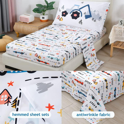 4 Sets PERFEMET Car Toddler Bedding Kids Pieces Bed in A Bag for Boys Vehicles Truck Toddler Girl Comforter with Bed