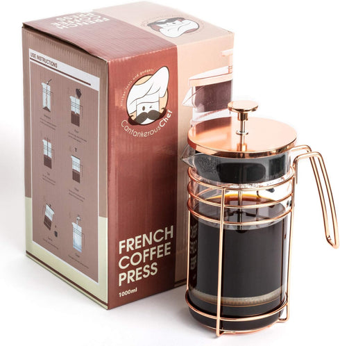 French Press and Tea Maker, 1000ml Coffee Maker Press, Premium with Rose Gold Finish, Thick Glass