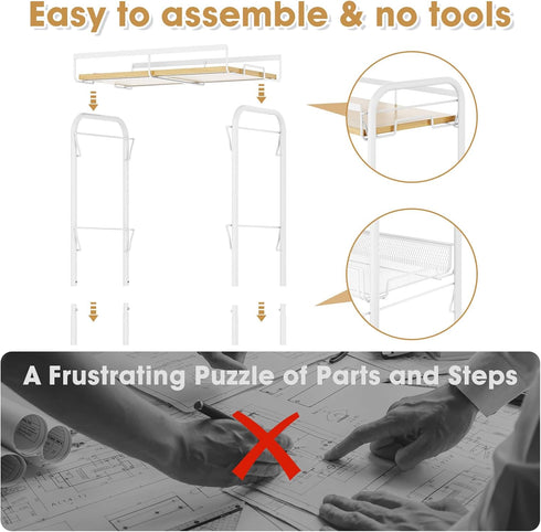 4-Tier TOOLF Rolling Cart, Metal Utility Cart, Slide Out Storage Cart with Wooden Tabletop and Mesh Baskets, Easy