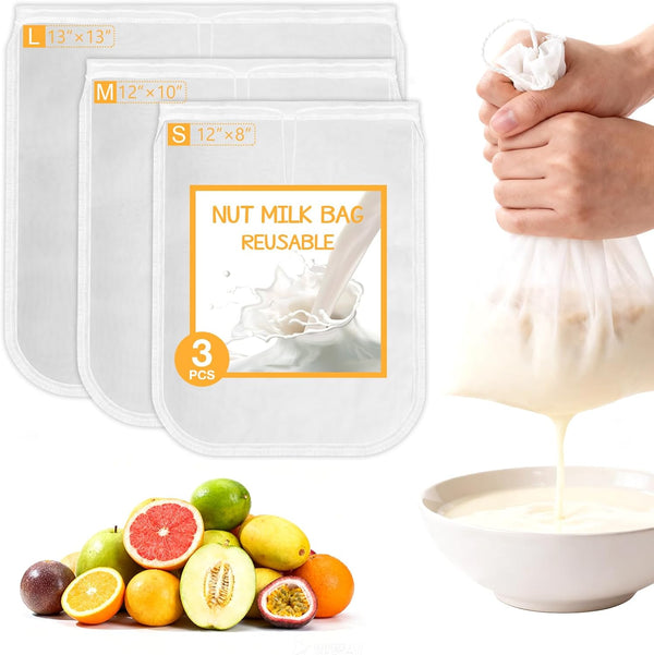 Darlingao Nut Milk Bag Reusable 3 Pack (8"x12"/10"x12"/13"x13") Fine Mesh Nylon Cheese Cloth