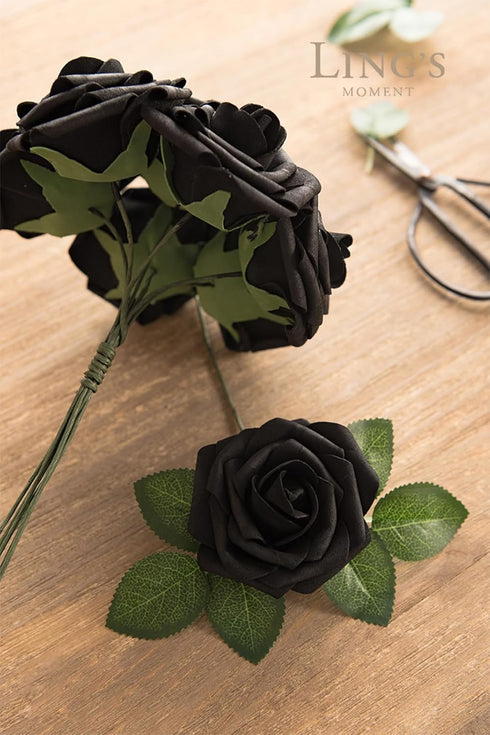 Ling's Moment 25Pcs Artificial Black Roses Decor with Stems, 3" Real Touch DIY Foam Floral for Wedding Bouquets