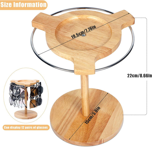 Sunglasses Organizer with 360 Rotating Display, Eyeglasses Rack, Wood Base for 12 Pairs of Eyewear for Desk Dresser